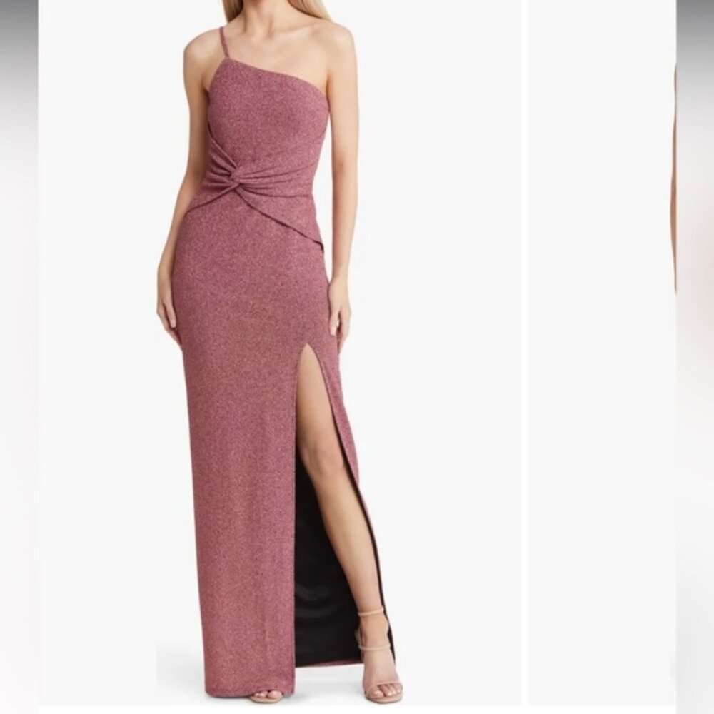 Lulu's Luxe Radiance Shiny Pink One-Shoulder Twist Front Maxi Dress Stretch XS